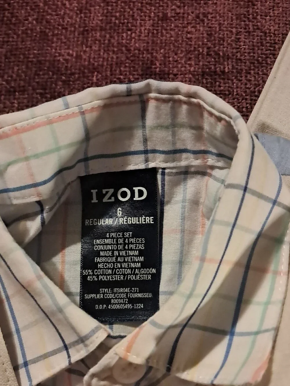 IZOD Boy’s Beige Vest and Pants with Plaid Shirt - Size 6
